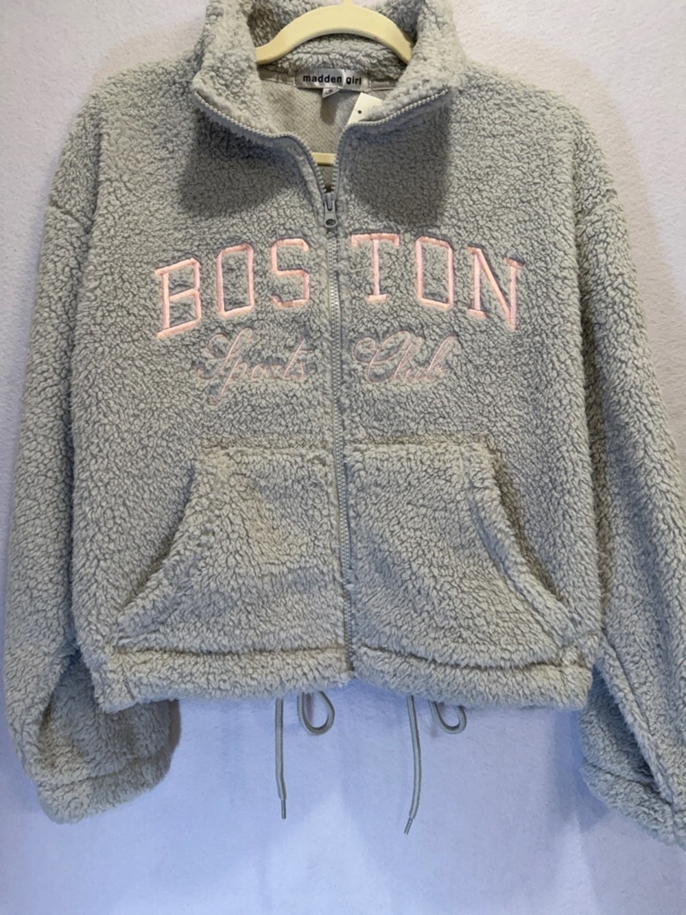 Madden Girl Boston Sports Club Grey Sherpa Fleece Full Zip Jacket Small NWT - Picture 3 of 10